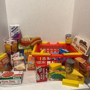 Vintage 1980s GAY TOYS INC Shopping Basket with HUGE Lot of Name Brand Pretend